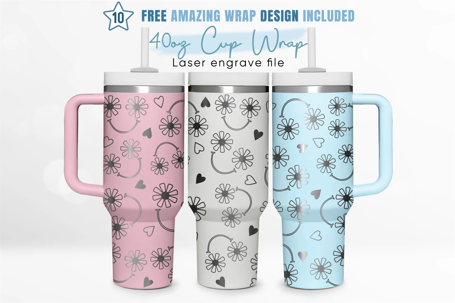 Engraved Daisies Pattern 40 Oz Stainless Steel Powder Coated Insulated  Tumbler With Handle Full Wrap Engraving Personalized 