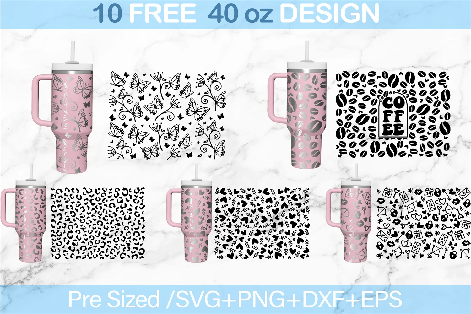 40 oz Tumbler with Handle - Wild Roses and Flowers Line Art Pattern