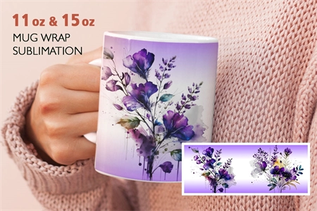 Watercolor lavender flowers. Mug sublimation wrap 11,15 oz