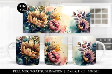 Watercolor lavender flowers. Mug sublimation wrap 11,15 oz