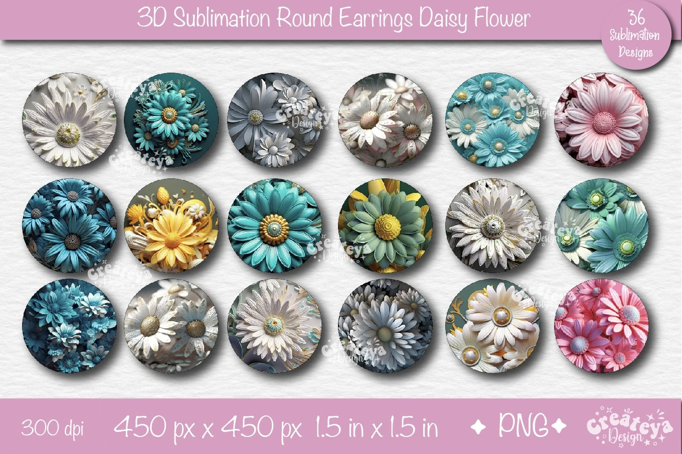 3D Earrings Sublimation, Teardrop earring 3D Daisy, 3D sublimation bundle