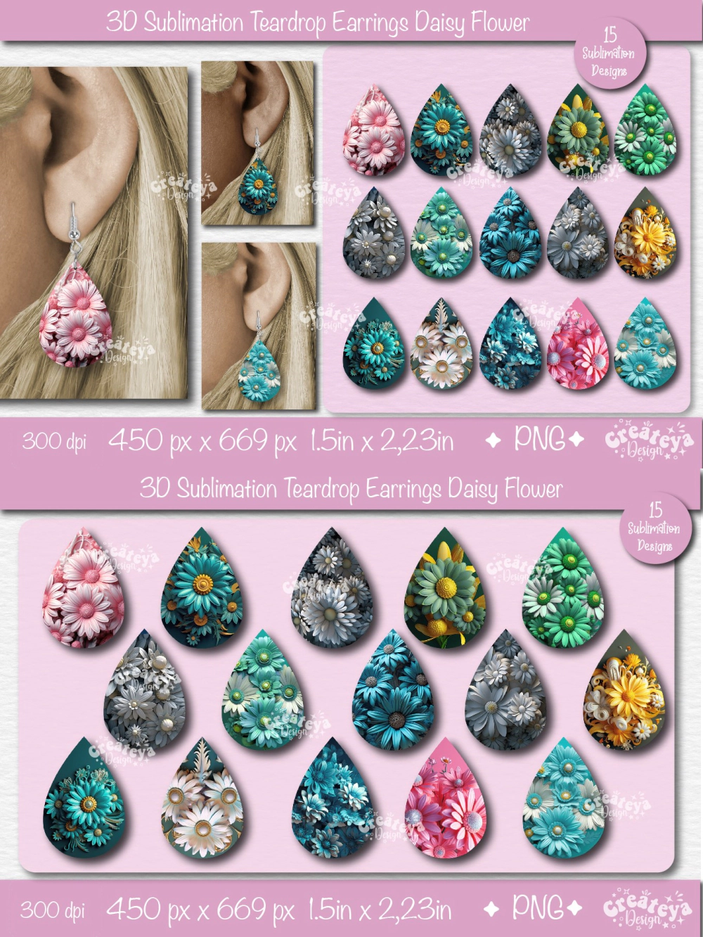 3D Earrings Sublimation, Teardrop earring 3D Daisy