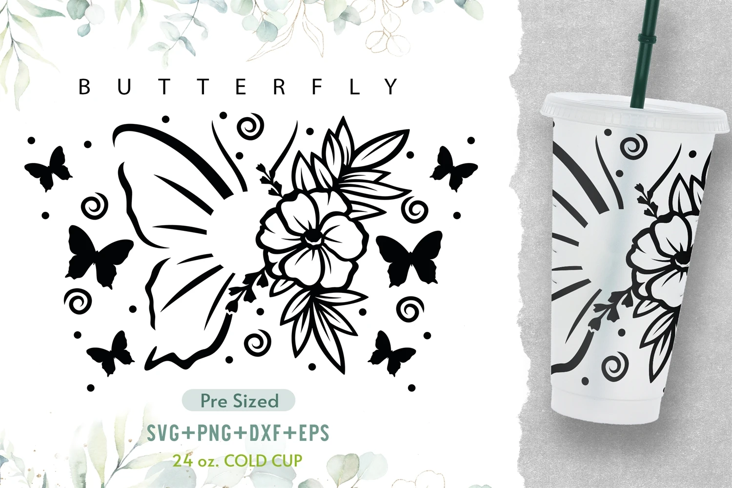 Social Butterfly 24 Oz Starbucks Cup With Lid and Straw, Butterfly