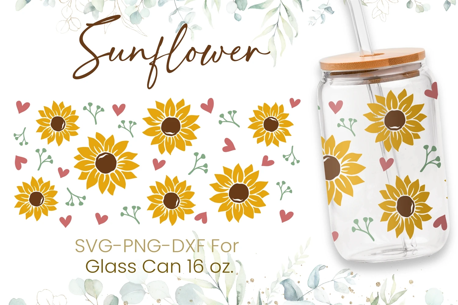 Sunflower 16oz Libbey Glass Can Tumbler Seamless, 16oz Glass Can