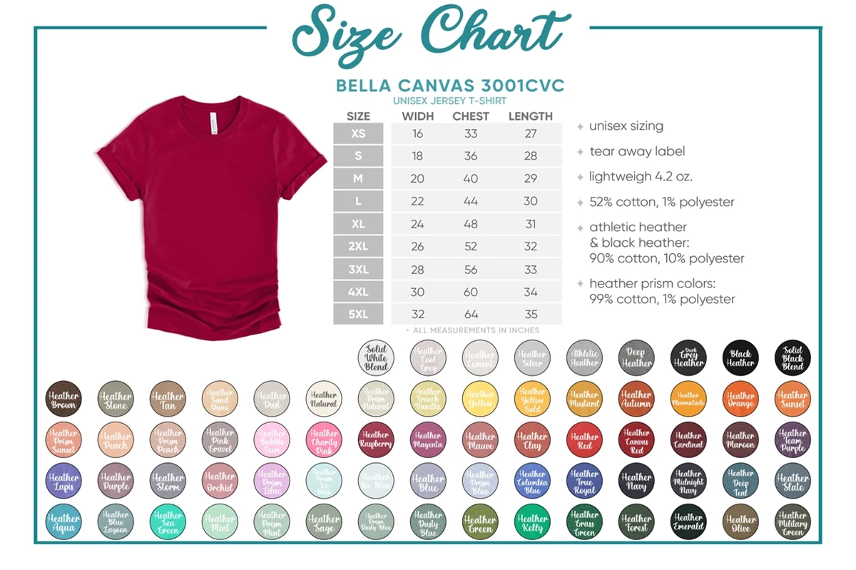 Semi-Editable Bella Canvas 3001CVC Size + Color Chart, PSD | Designful ...