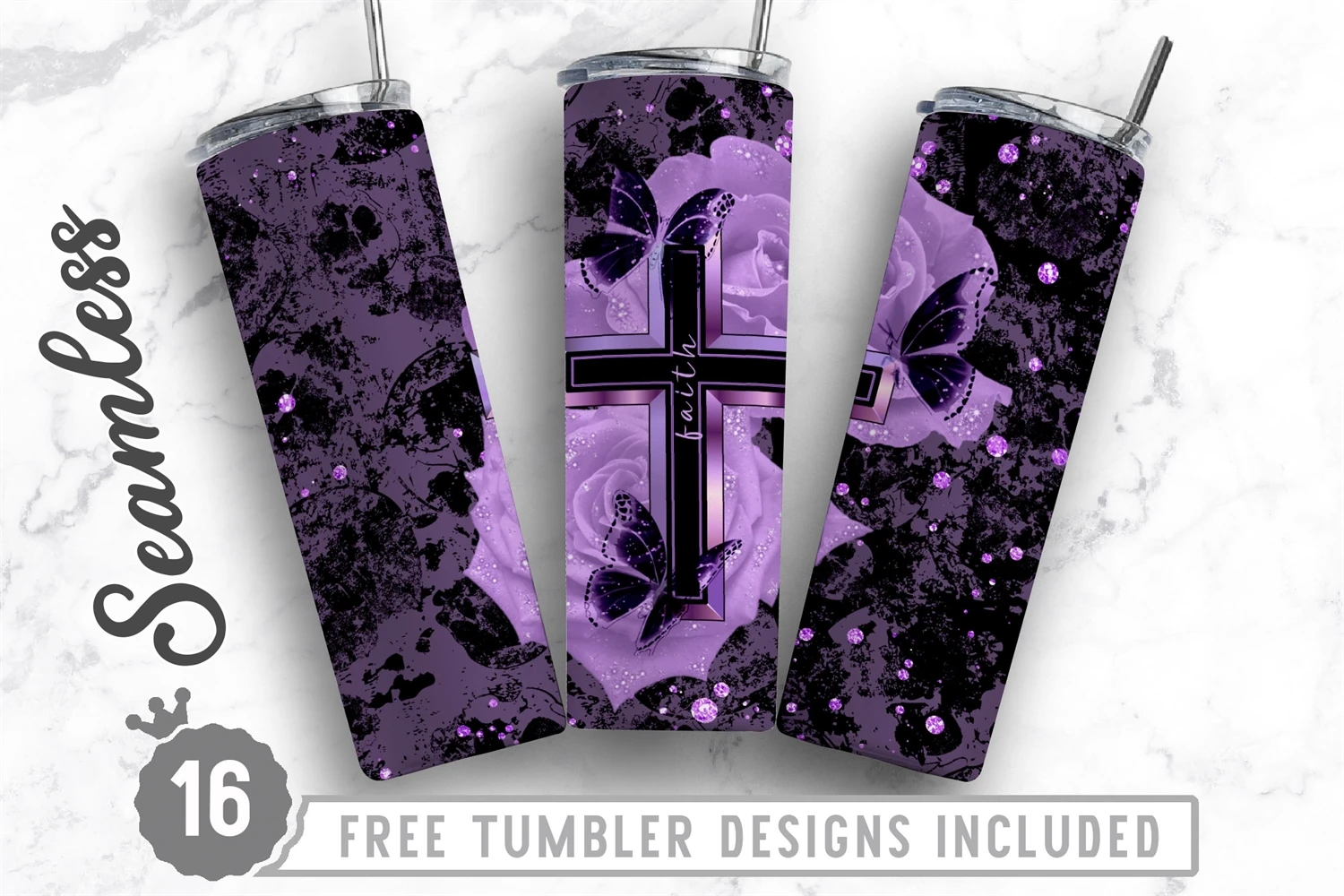 Purple Floral Cross 20oz Tumbler Wrap Christian Tumbler Design, 20