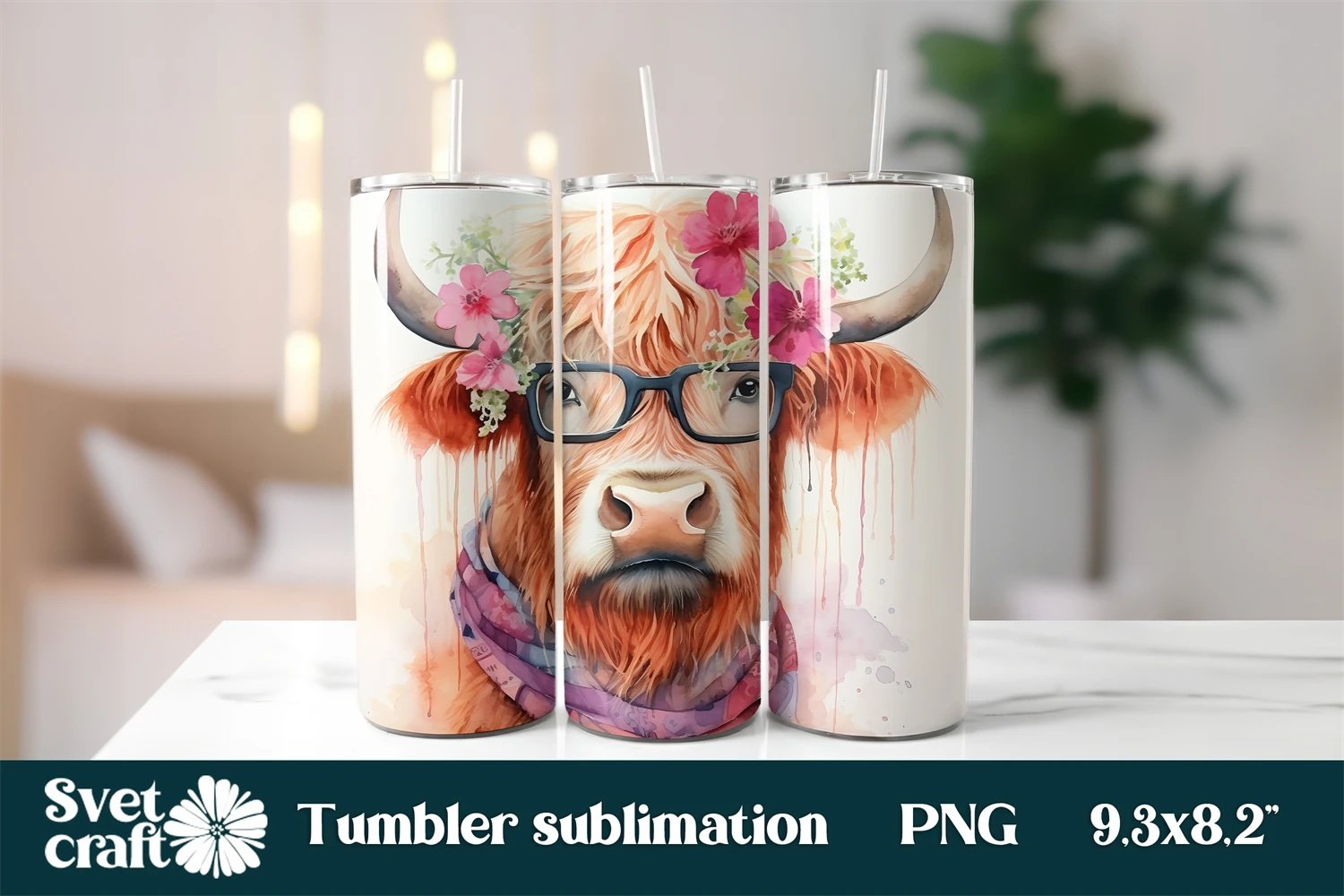 Highland cow with glasses tumbler, farm tumbler wrap