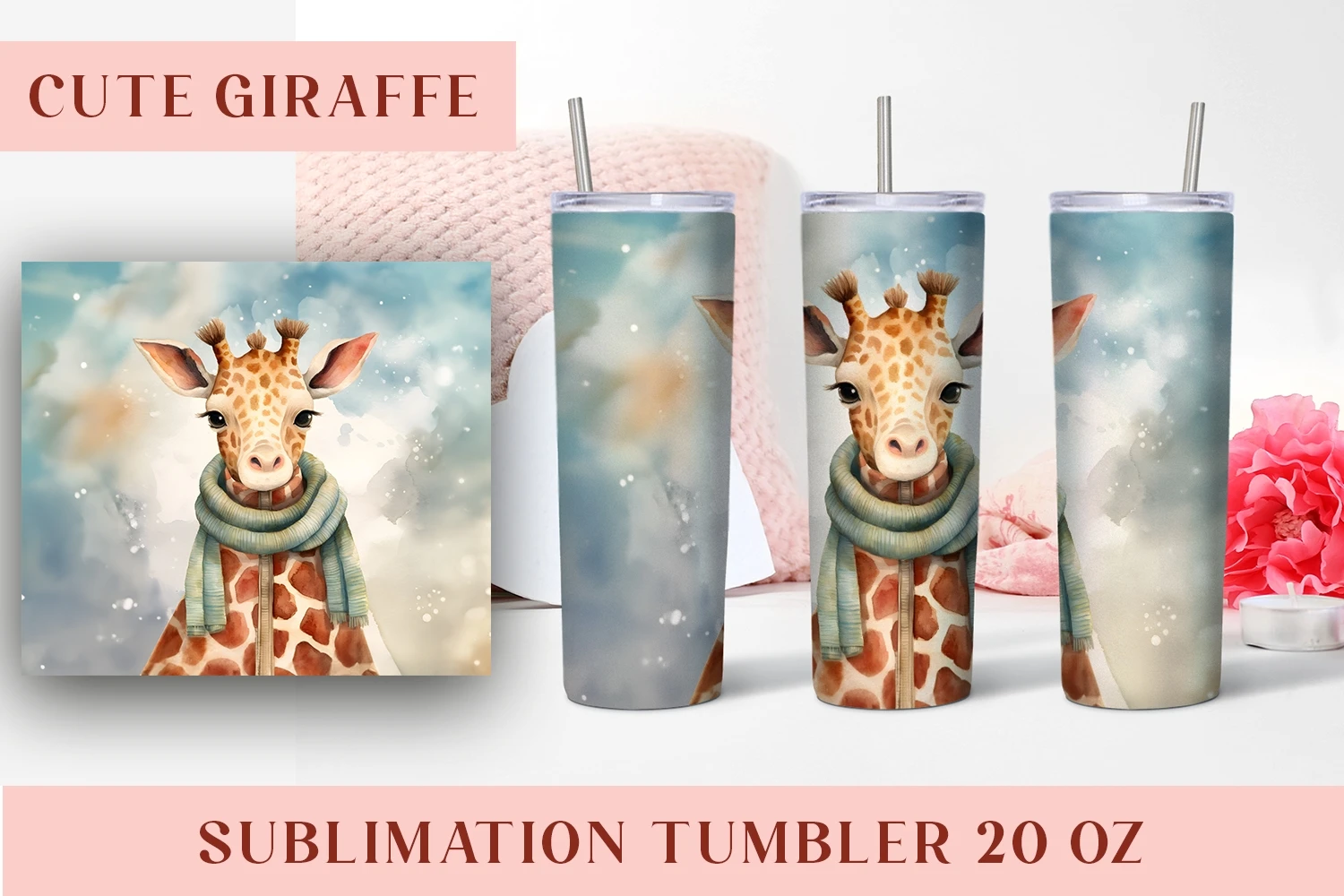 Giraffe Sublimation Design, 20oz Skinny Tumbler Digital Download