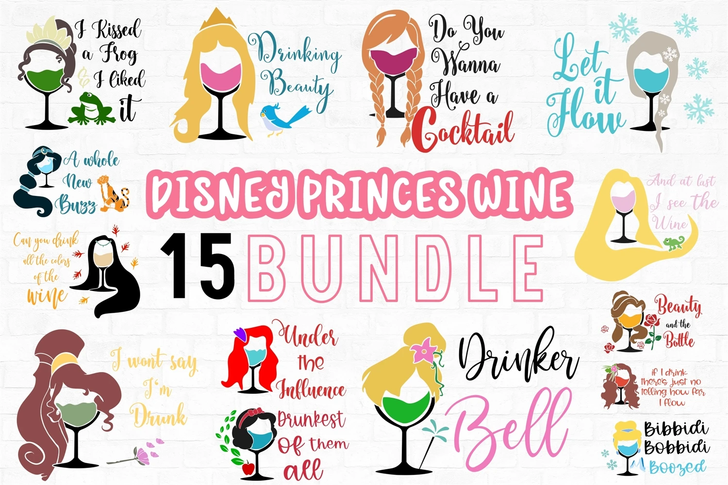 Disney Wine Glass Svg Bundle, Princess Wine Glass Clipart